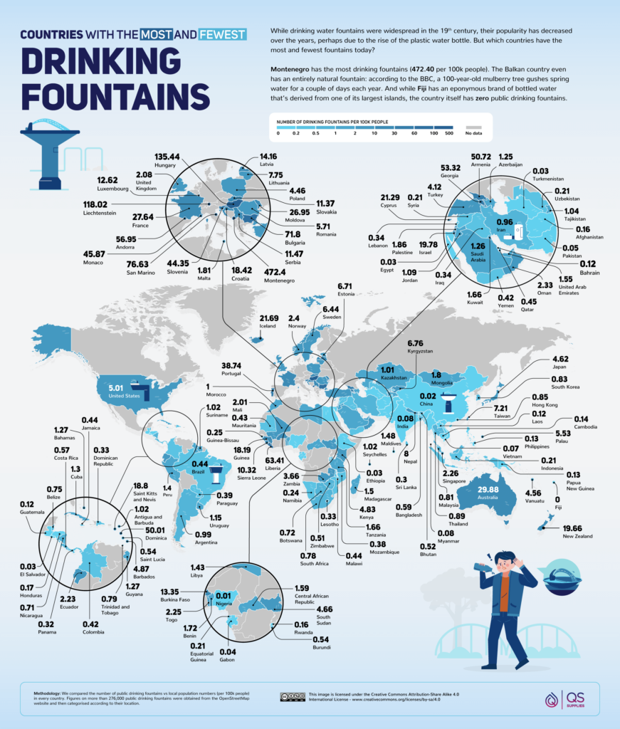 map of countries with drinking water fountains